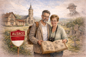 Couple en Alsace explorant leur histoire familiale à travers un ancien album photo, dans un village traditionnel chargé de mémoire